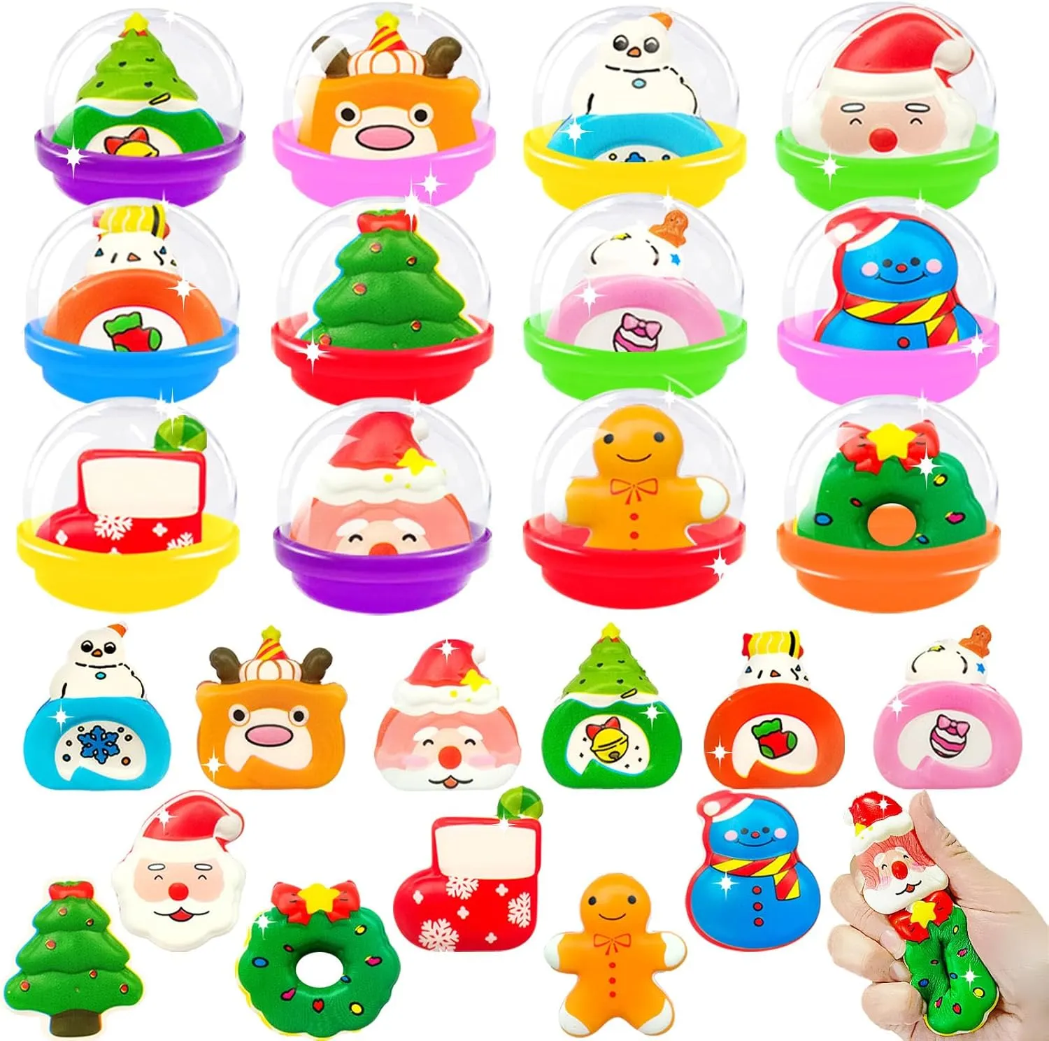 24 Sets Christmas Squishy Stress Toys,24 Slow Rising Relief Stress Foam Squishies with 24 Filler Containers for Xmas Stocking Goodie Bag Stuffers for Kids,Carnival Raffle Prize Gifts Party Favors
