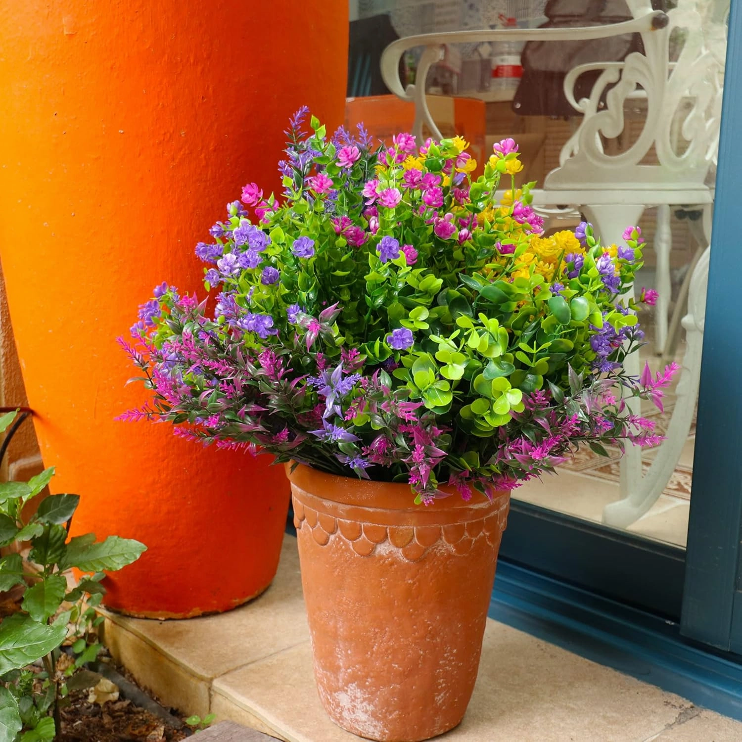 24 Bundles Artificial Fake Flowers Outdoor, 6 Styles UV Resistant No Fade Faux Plastic Greenery Shrubs Plants for Hanging Garden Porch Window Box Farmhouse Outside Decoration