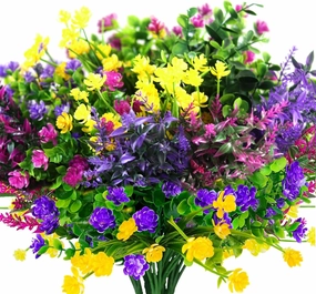 24 Bundles Artificial Fake Flowers Outdoor, 6 Styles UV Resistant No Fade Faux Plastic Greenery Shrubs Plants for Hanging Garden Porch Window Box Farmhouse Outside Decoration