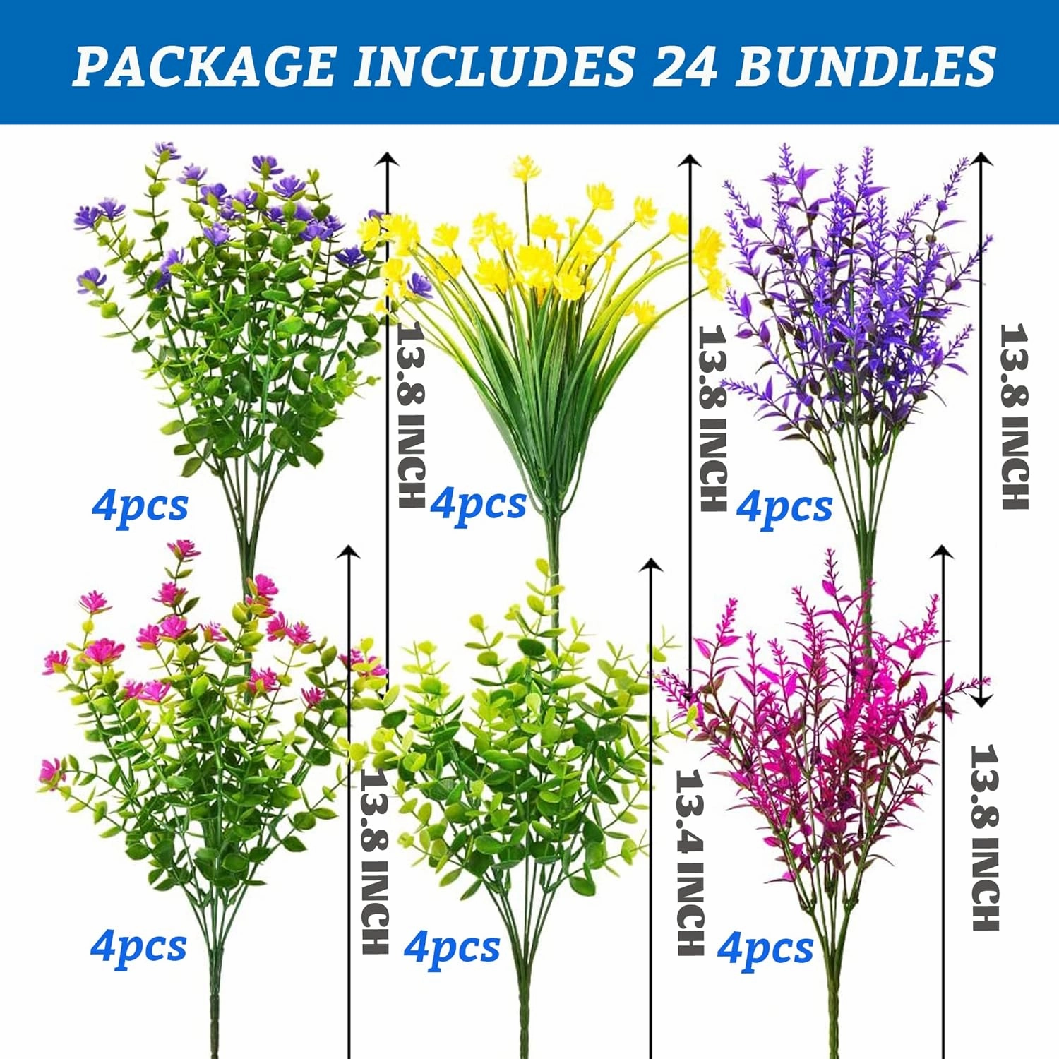 24 Bundles Artificial Fake Flowers Outdoor, 6 Styles UV Resistant No Fade Faux Plastic Greenery Shrubs Plants for Hanging Garden Porch Window Box Farmhouse Outside Decoration