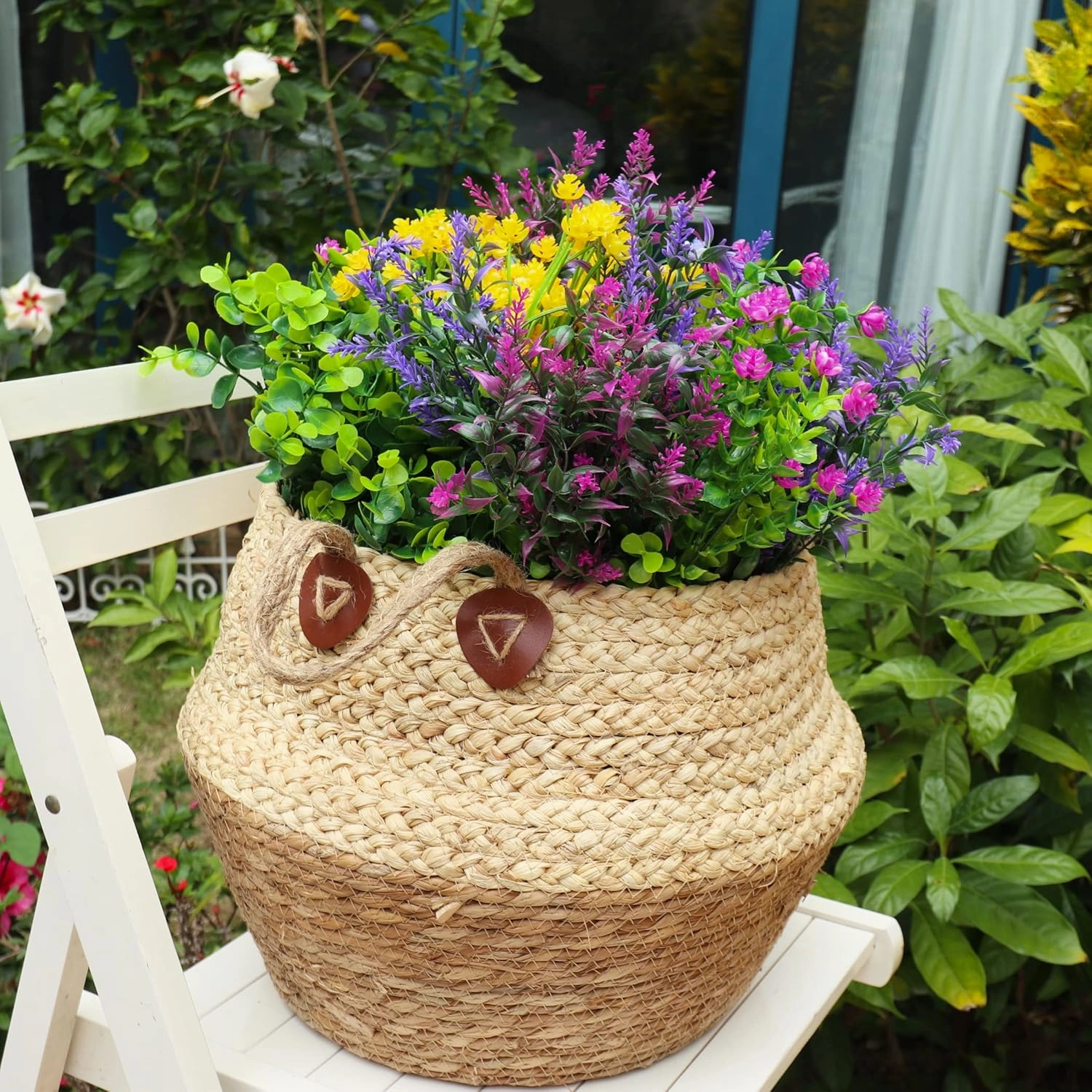 24 Bundles Artificial Fake Flowers Outdoor, 6 Styles UV Resistant No Fade Faux Plastic Greenery Shrubs Plants for Hanging Garden Porch Window Box Farmhouse Outside Decoration