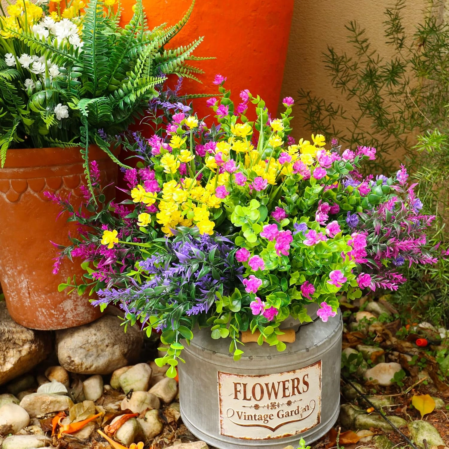 24 Bundles Artificial Fake Flowers Outdoor, 6 Styles UV Resistant No Fade Faux Plastic Greenery Shrubs Plants for Hanging Garden Porch Window Box Farmhouse Outside Decoration