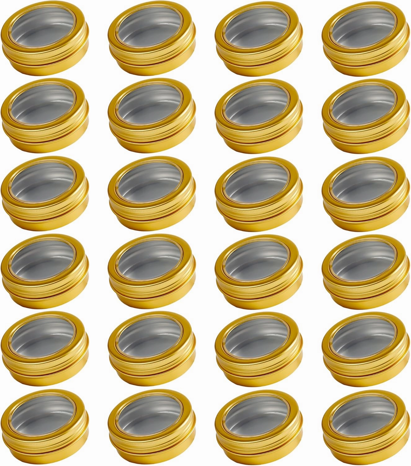 24 Pack 2 Ounce Screw Top Aluminum Tin Jar with Screw Clear Lid and Blank Labels, Refillable 60ml Metal Containers for Lip Balms, Candles, Salves, Spices, Crafts(Gold)