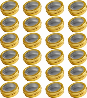 24 Pack 2 Ounce Screw Top Aluminum Tin Jar with Screw Clear Lid and Blank Labels, Refillable 60ml Metal Containers for Lip Balms, Candles, Salves, Spices, Crafts(Gold)