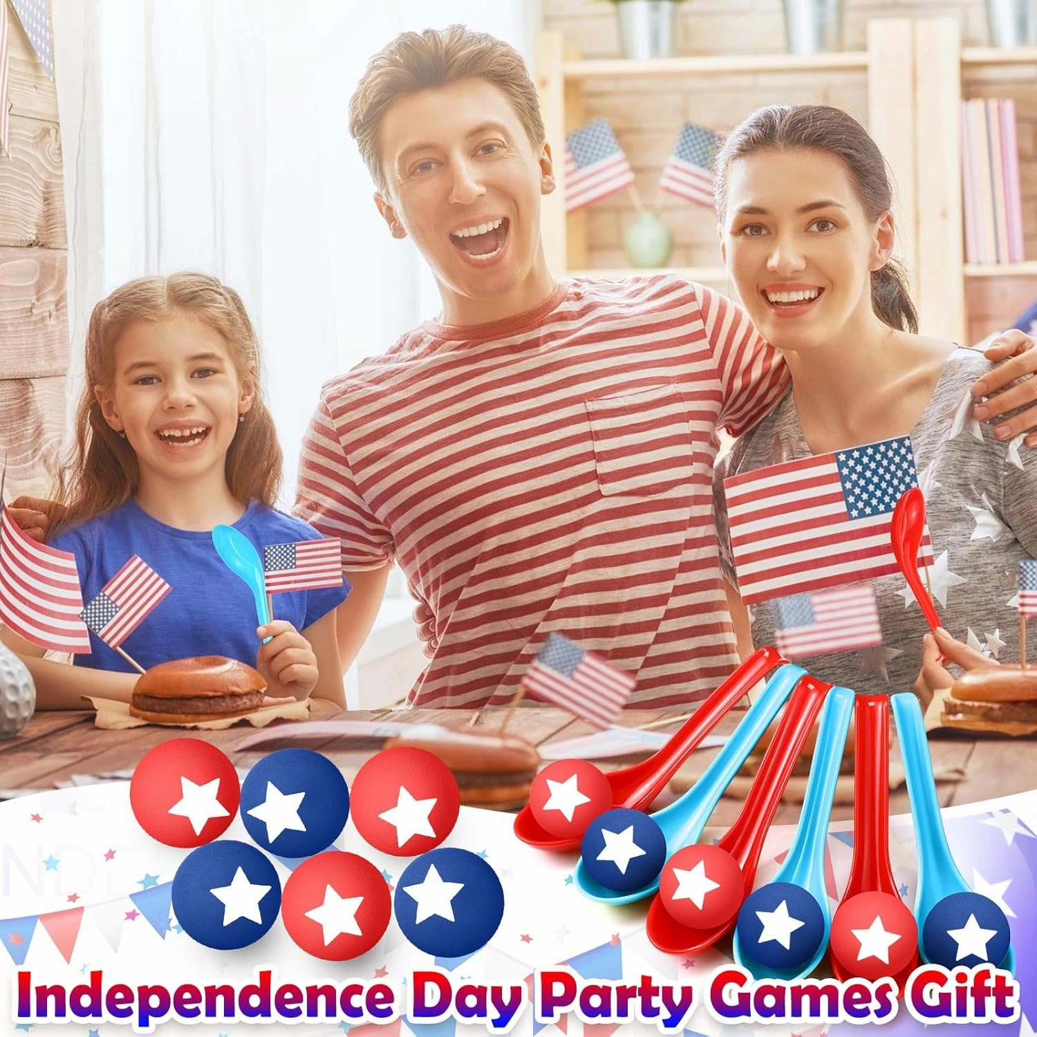 24 Pack 4th of July Spoon Relay Race Toy Set for Boys Girls Patriotic Ball and Spoon Race Game for Independence Day Labor Day Indoor Outdoor Party Game Supplies (Red, Blue,Star)