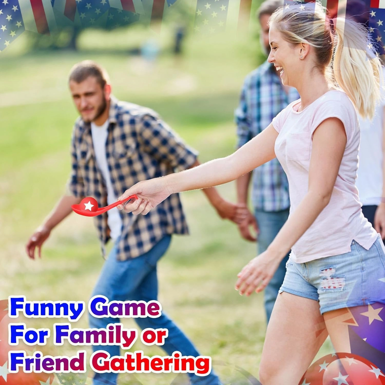 24 Pack 4th of July Spoon Relay Race Toy Set for Boys Girls Patriotic Ball and Spoon Race Game for Independence Day Labor Day Indoor Outdoor Party Game Supplies (Red, Blue,Star)