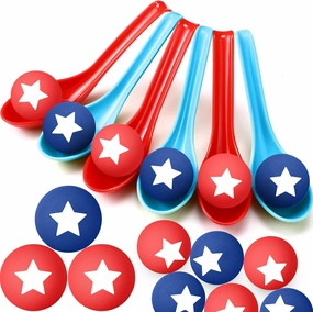 24 Pack 4th of July Spoon Relay Race Toy Set for Boys Girls Patriotic Ball and Spoon Race Game for Independence Day Labor Day Indoor Outdoor Party Game Supplies (Red, Blue,Star)