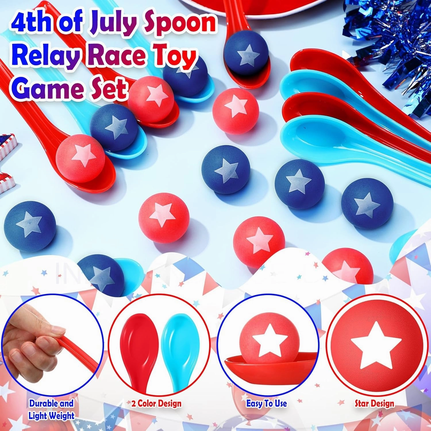 24 Pack 4th of July Spoon Relay Race Toy Set for Boys Girls Patriotic Ball and Spoon Race Game for Independence Day Labor Day Indoor Outdoor Party Game Supplies (Red, Blue,Star)