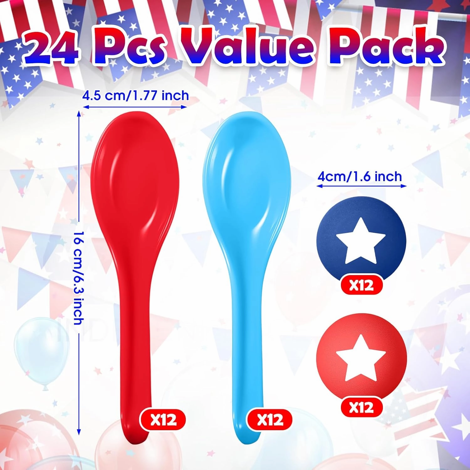 24 Pack 4th of July Spoon Relay Race Toy Set for Boys Girls Patriotic Ball and Spoon Race Game for Independence Day Labor Day Indoor Outdoor Party Game Supplies (Red, Blue,Star)