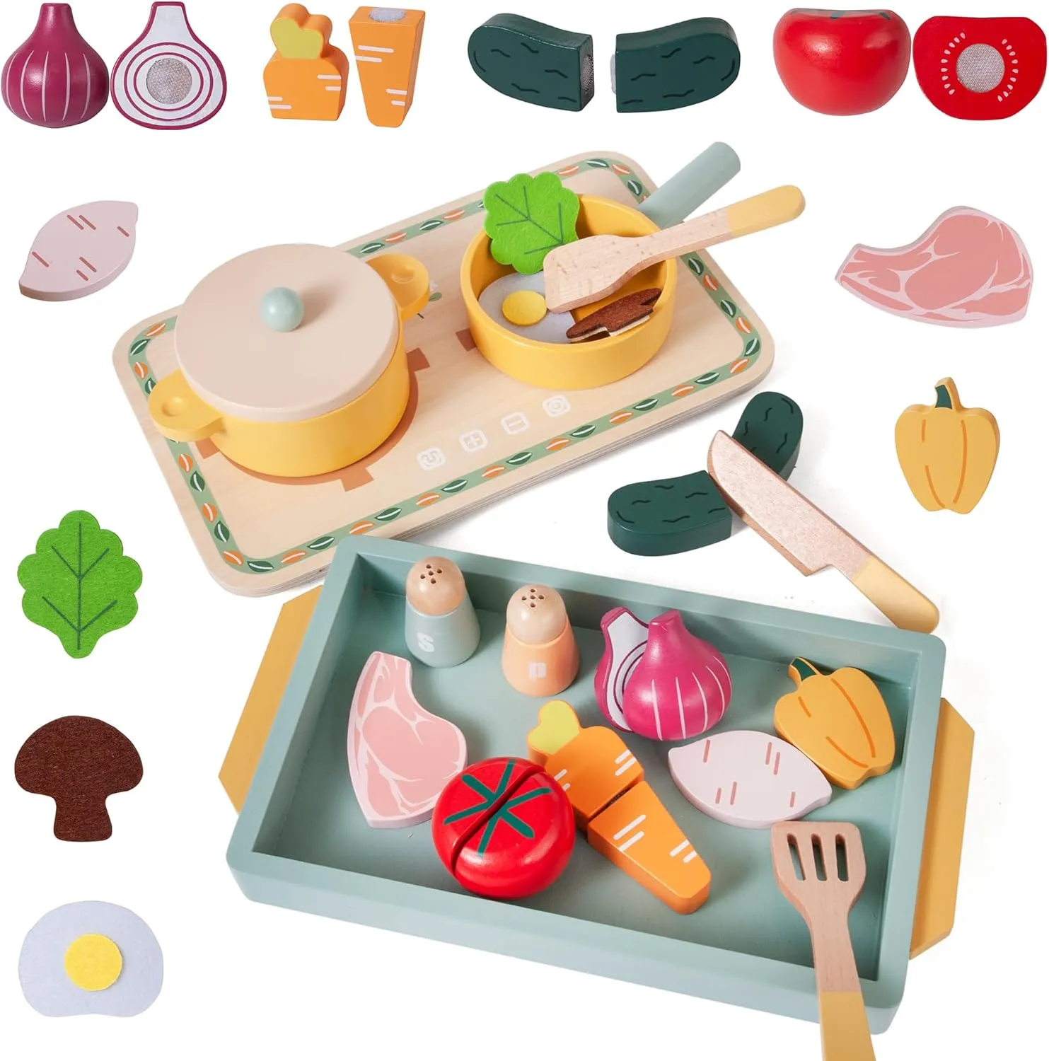 24pcs Pretend Play Kitchen Accessories Toddler Cooking Set, Wooden Toy Pot and Pan with Play Food Set for Kids Kitchen, Montessori Toys Food Cookware Playset Boys and Girls Birthday Gift