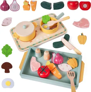 24pcs Pretend Play Kitchen Accessories Toddler Cooking Set, Wooden Toy Pot and Pan with Play Food Set for Kids Kitchen, Montessori Toys Food Cookware Playset Boys and Girls Birthday Gift
