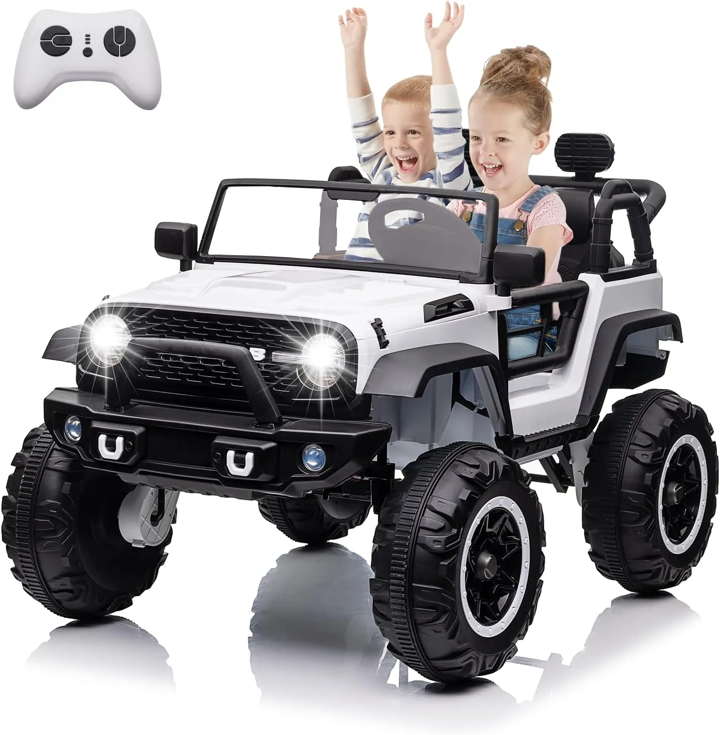24V 2 Seater Kids Ride On Car, 4 Wheeler Truck Ride On Toys for Big Kids with 5.5MPH Max Speed, Remote Control, Accelerator Pedal, Treaded Tires, Steering Wheel, Music and Story, White