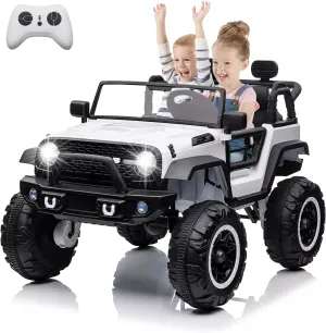 24V 2 Seater Kids Ride On Car, 4 Wheeler Truck Ride On Toys for Big Kids with 5.5MPH Max Speed, Remote Control, Accelerator Pedal, Treaded Tires, Steering Wheel, Music and Story, White