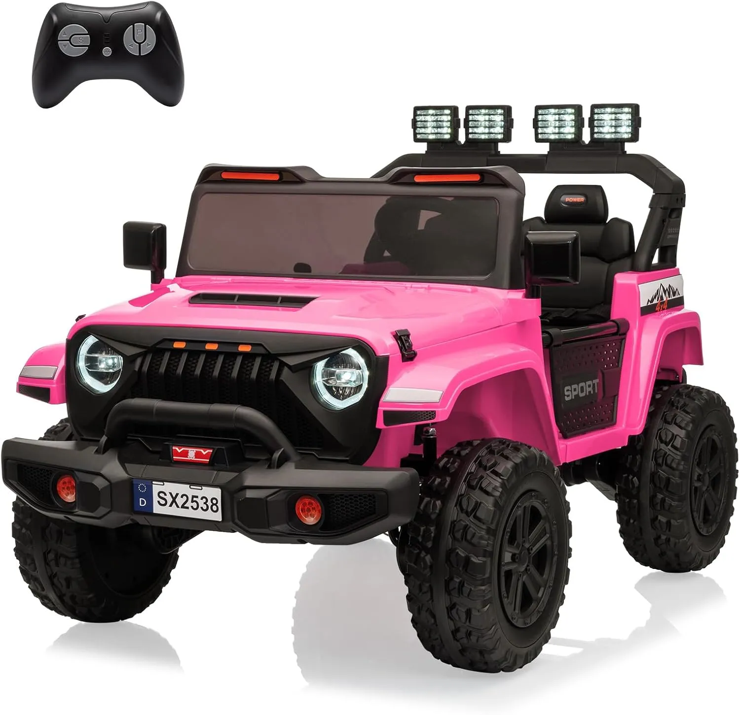 24V Electric Ride On Car for Kids, 4WD 20.5in 2-Seater with 5.9in Extendable Body, 13in Anti-Slip Tires, LED Lights, Music, Parental Remote, for Ages 3-8, Pink