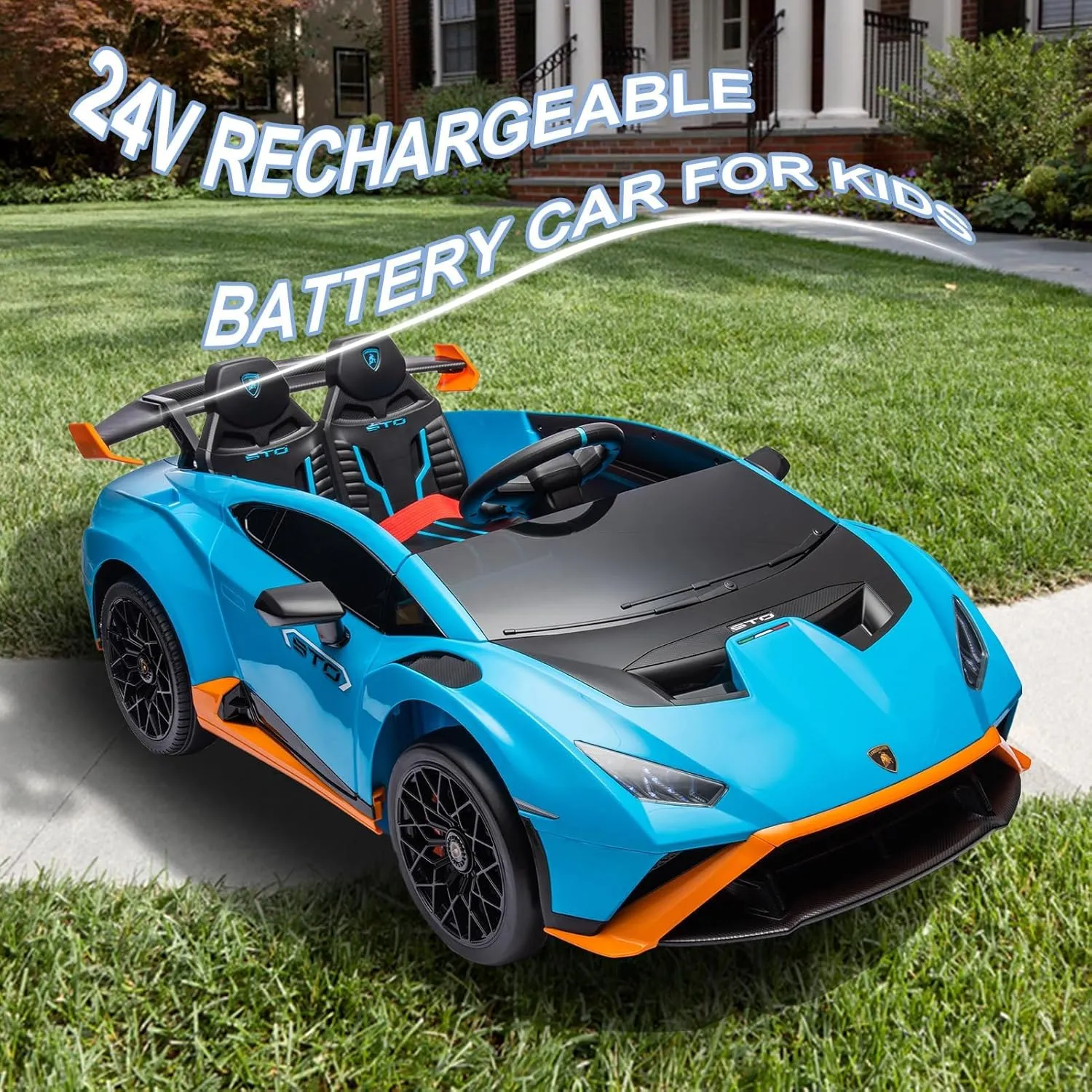 24V Kids Ride on Car, Compatible for Lamborghini Electric Car, 4 Wheels Sports Car Toys with LED Headlights, Remote Control & Hydraulic Doors,(Blue), Large, SUSC-HFTS-555