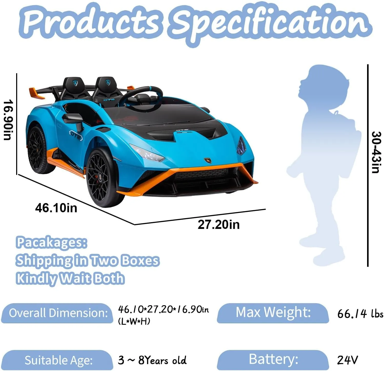 24V Kids Ride on Car, Compatible for Lamborghini Electric Car, 4 Wheels Sports Car Toys with LED Headlights, Remote Control & Hydraulic Doors,(Blue), Large, SUSC-HFTS-555