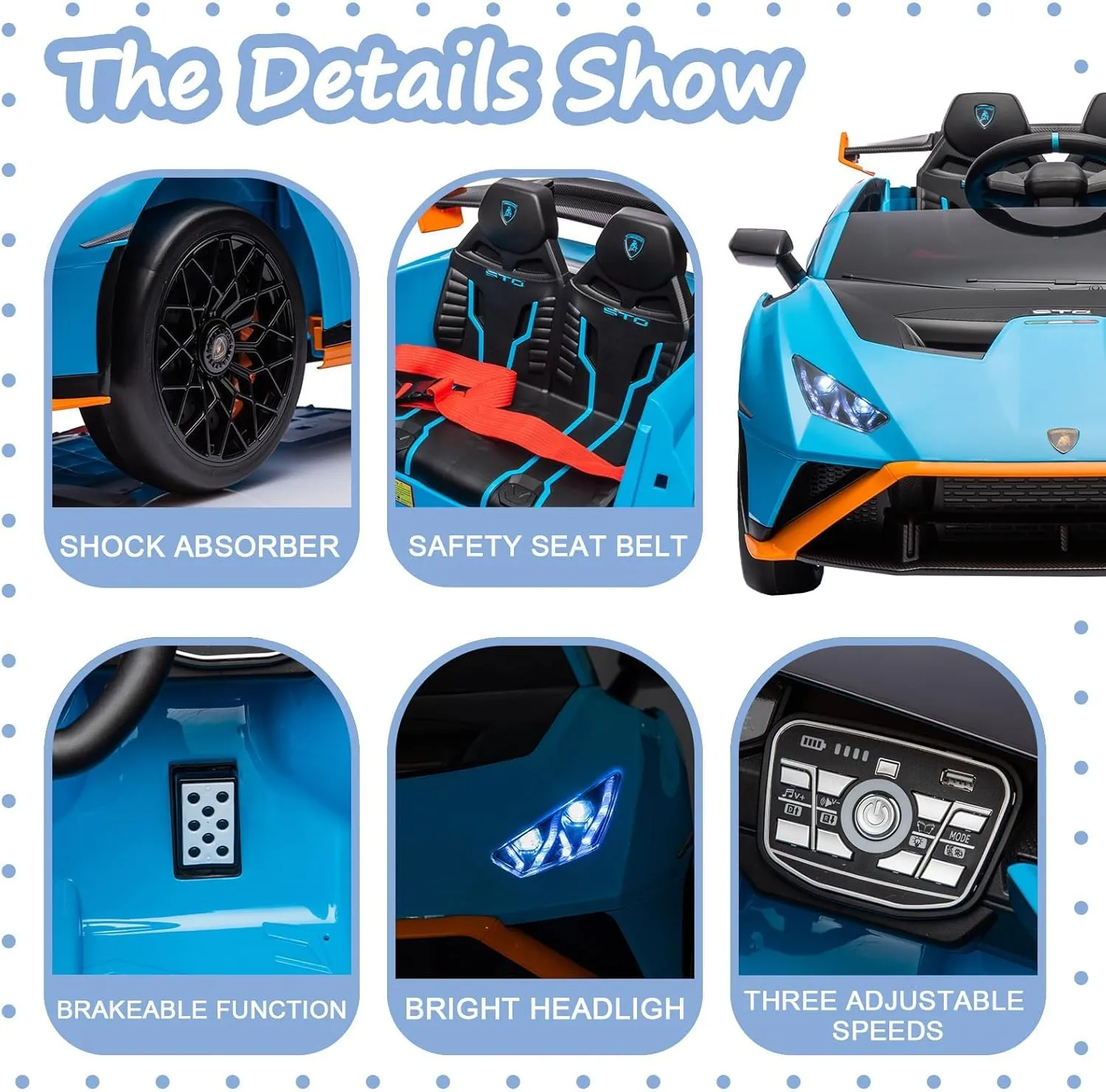 24V Kids Ride on Car, Compatible for Lamborghini Electric Car, 4 Wheels Sports Car Toys with LED Headlights, Remote Control & Hydraulic Doors,(Blue), Large, SUSC-HFTS-555