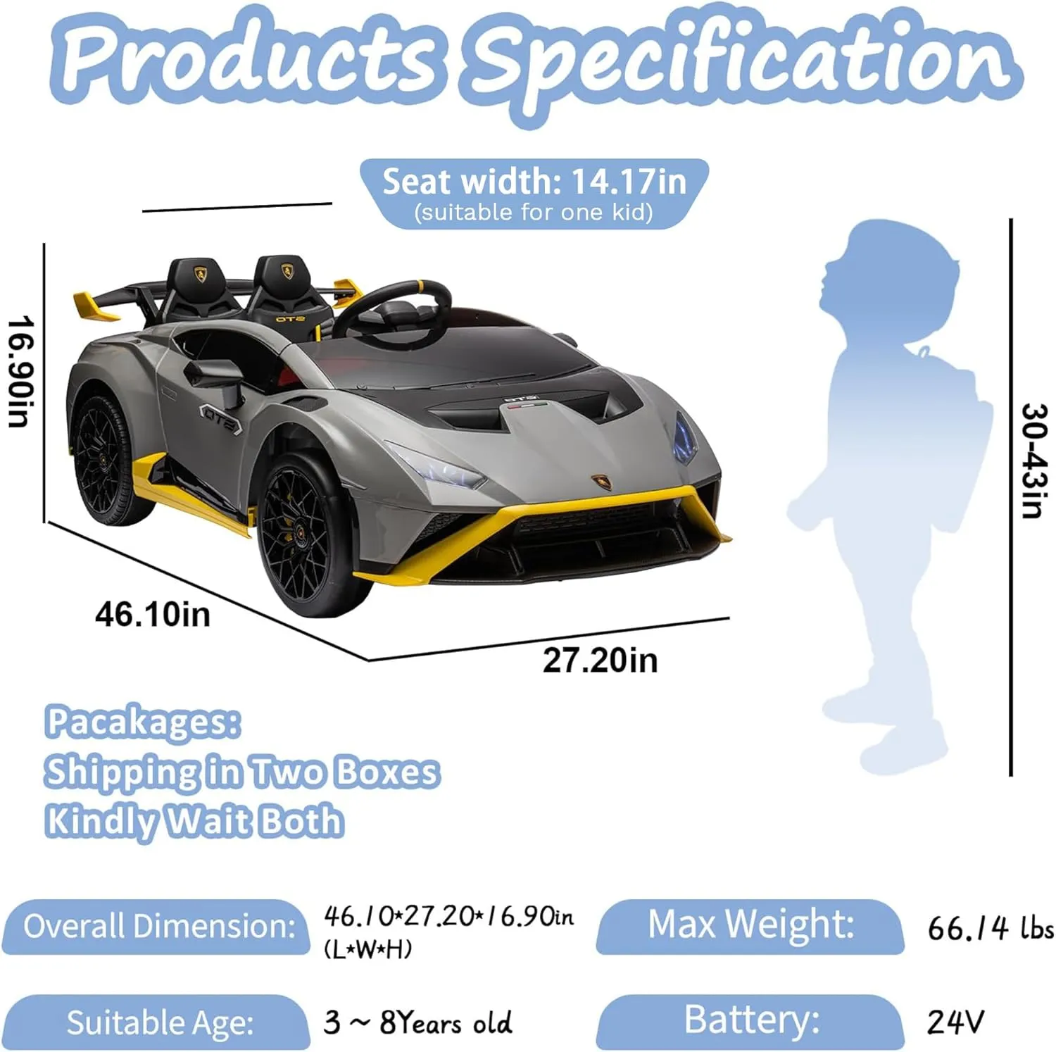 24V Kids Ride on Car, Compatible for Lamborghini Electric Car, Licensed Lamborghini Huracan STO with 4 Wheels Sports Car Toys with LED Headlights, Remote Control&Two-Point Safety Belt,Grey,