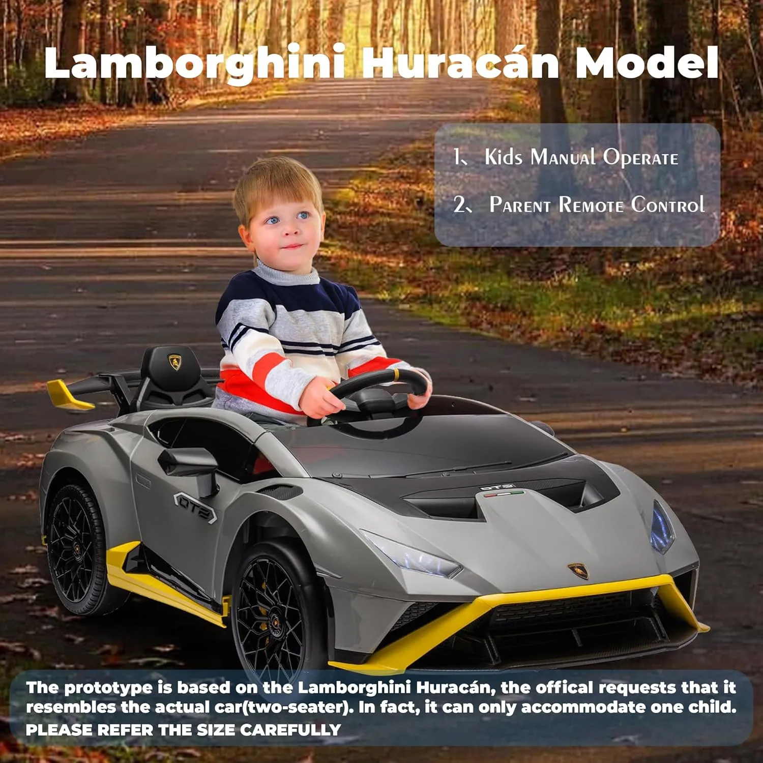 24V Kids Ride on Car, Compatible for Lamborghini Electric Car, Licensed Lamborghini Huracan STO with 4 Wheels Sports Car Toys with LED Headlights, Remote Control&Two-Point Safety Belt,Grey,