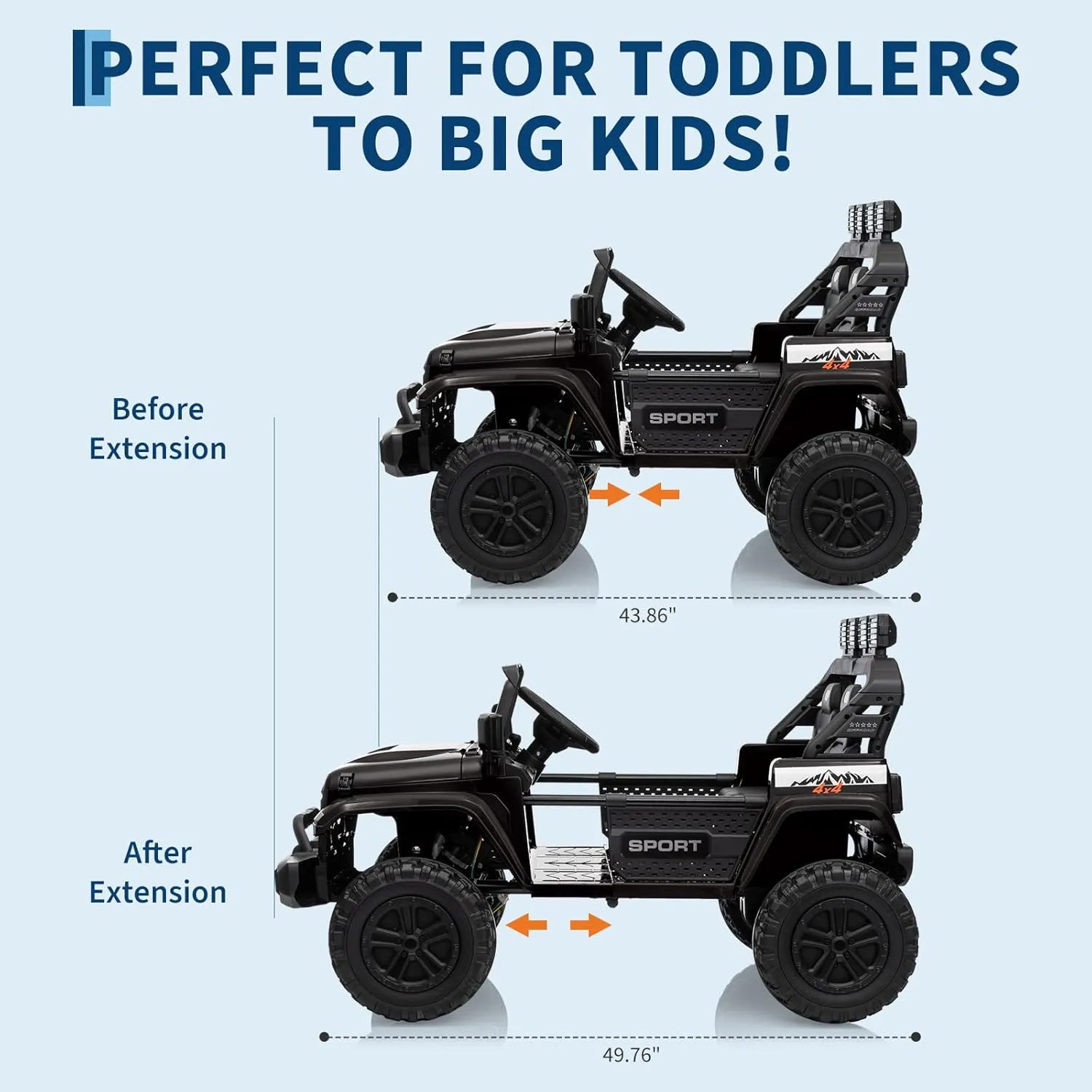 24V Ride On Toys for Big Kids, 2 Seater Extend Ride On Car, Kids' Electric Vehicles with Remote Control, Adjustable Car Body, LED Lights, Music, ASTM/CPSIA Certified, 3 Speeds, Black