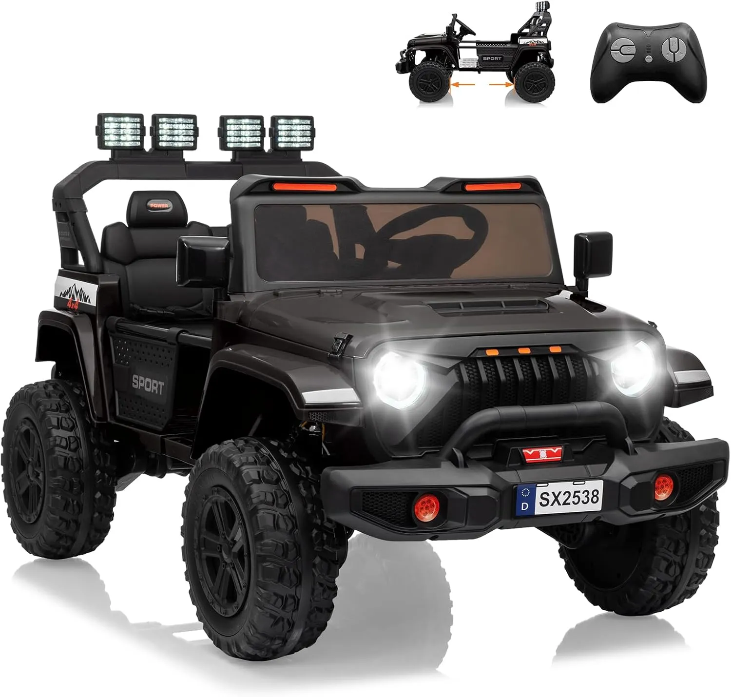 24V Ride On Toys for Big Kids, 2 Seater Extend Ride On Car, Kids' Electric Vehicles with Remote Control, Adjustable Car Body, LED Lights, Music, ASTM/CPSIA Certified, 3 Speeds, Black