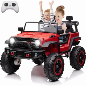 24V 2 Seater Ride On Car, Electric Truck for Big Kids Ages 3-8, Ride On Toy with 5.5MPH Max Speed, Remote Control, Accelerator Pedal, Treaded Tires, Steering Wheel, Music and Story, Red