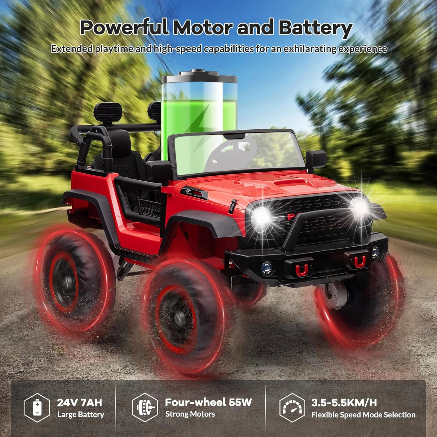 24V 2 Seater Ride On Car, Electric Truck for Big Kids Ages 3-8, Ride On Toy with 5.5MPH Max Speed, Remote Control, Accelerator Pedal, Treaded Tires, Steering Wheel, Music and Story, Red