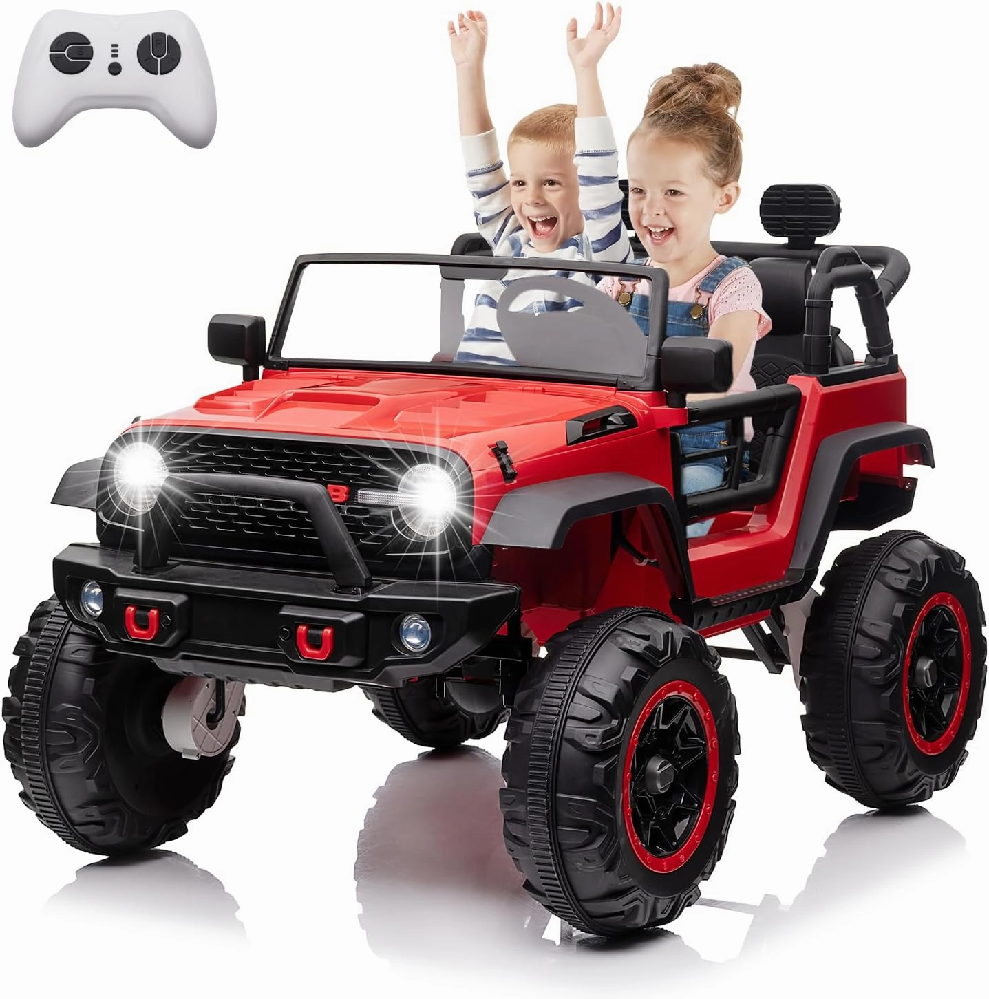24V 2 Seater Ride On Car, Electric Truck for Big Kids Ages 3-8, Ride On Toy with 5.5MPH Max Speed, Remote Control, Accelerator Pedal, Treaded Tires, Steering Wheel, Music and Story, Red