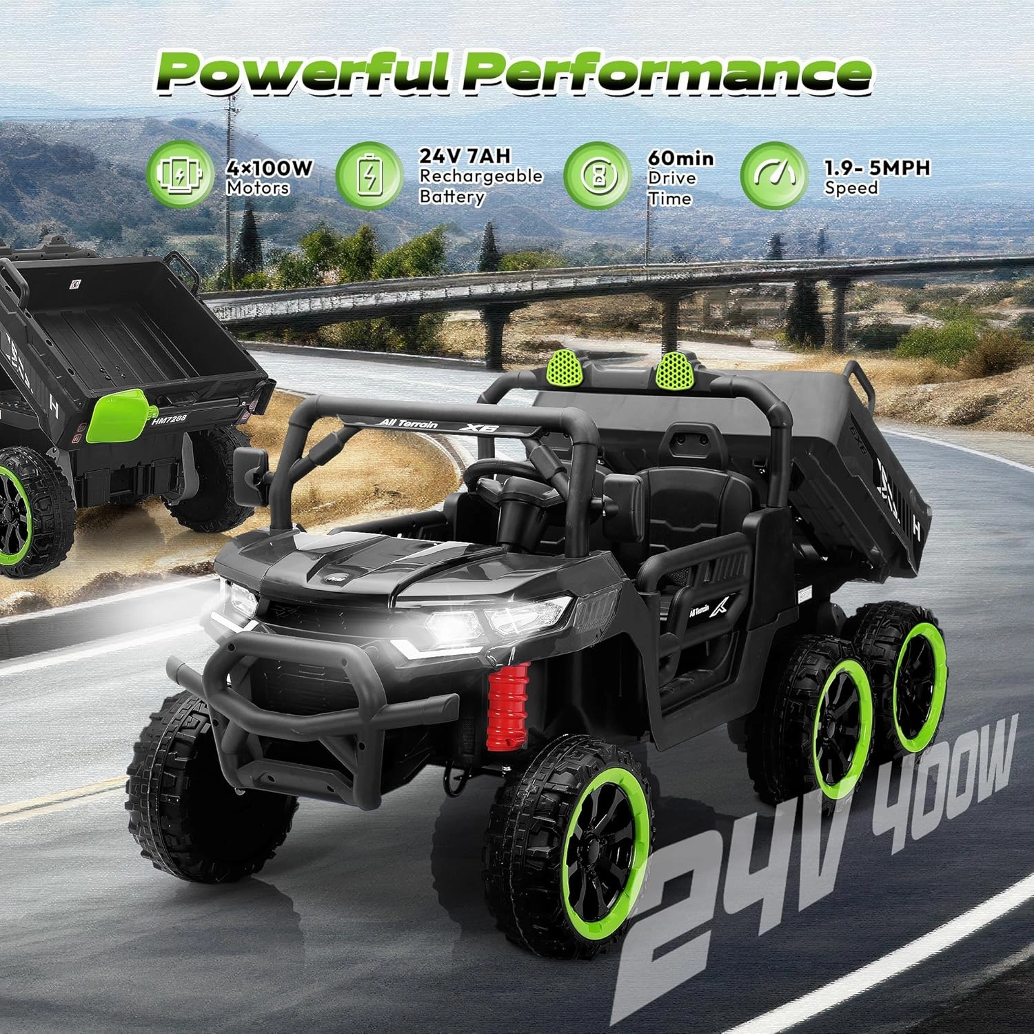 24V 2-Seater Ride on Dump Truck, 4WD 6-Wheel Kids Ride on Car Toys w/Remote Control, Electric Dump Bed, Toy Shovel, LED Lights and Music, 24V Ride on Toys for Big Kids Boys Girls (Black)