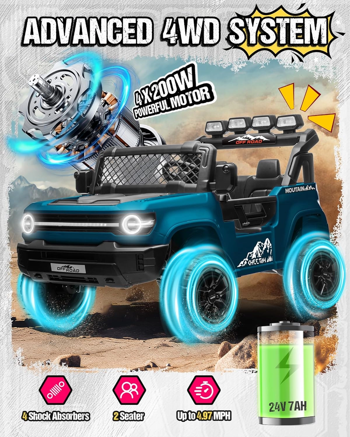 24V Ride on Toys for Big Kids, 2 Seater Electric Car w/22'' Large Seat, Remote Control, Shovel, 4X200W Engines, 4WD/2WD Switchable, Truck Bed Storage, Ride On Truck Toy for Boy Girl, Blue