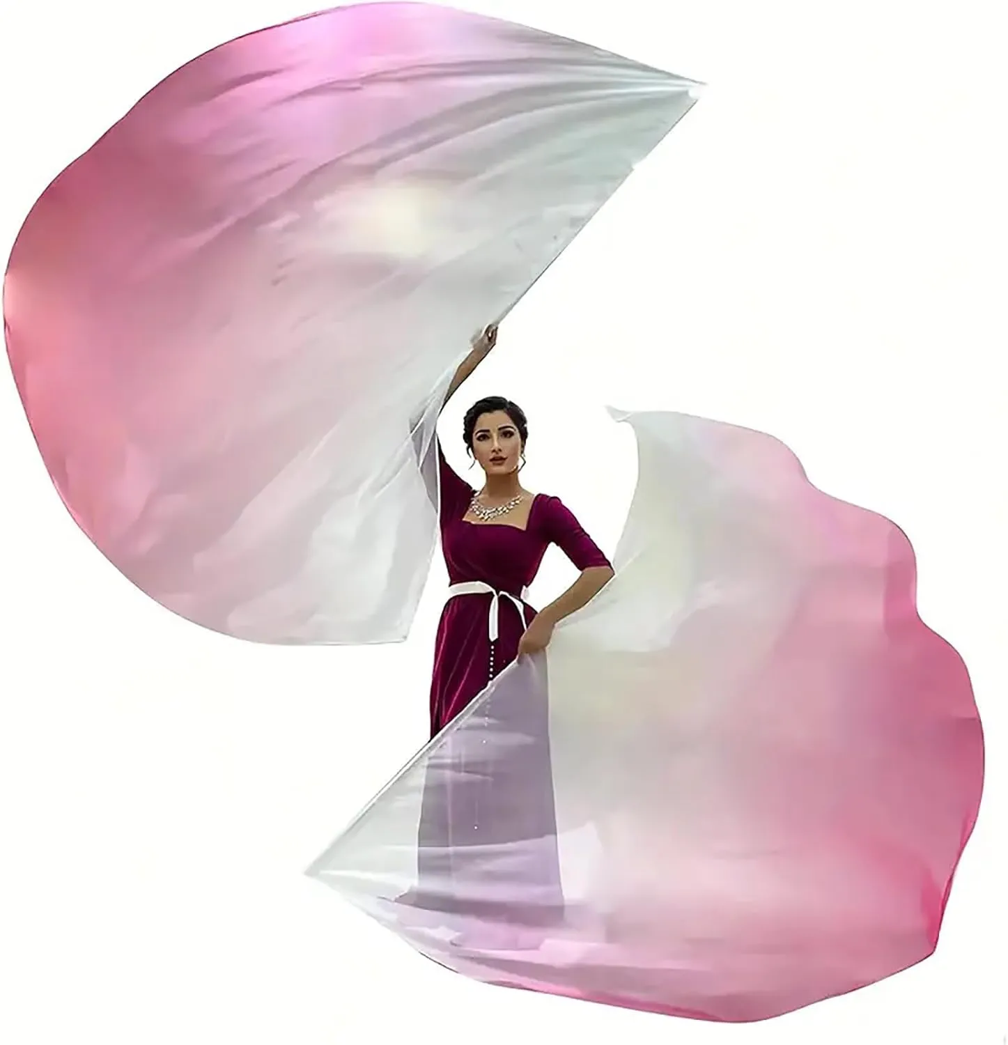 2pcs Dance Church Praise Dance Flags - Semicircle Angel Wing with Telescopic Rods - Worship Banner (White-Pink)