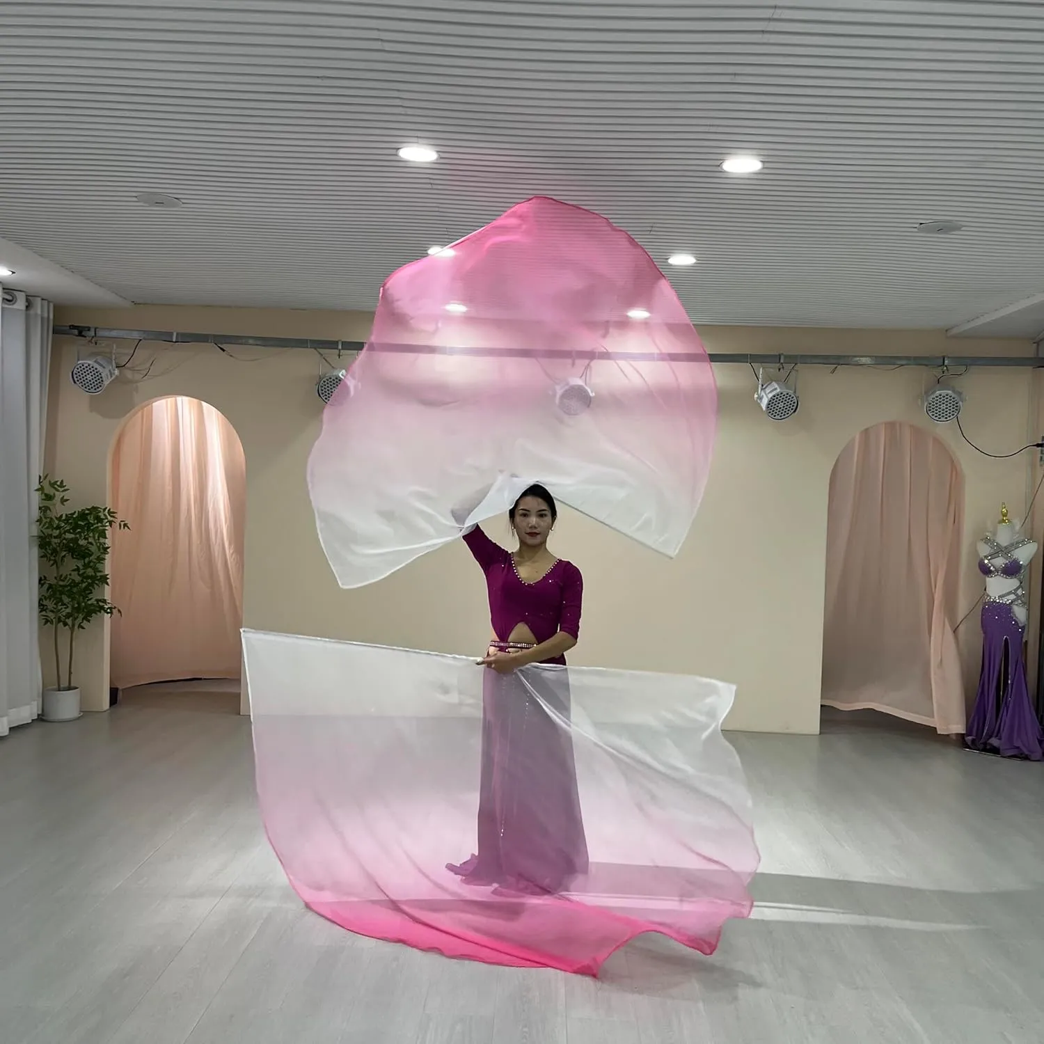 2pcs Dance Church Praise Dance Flags - Semicircle Angel Wing with Telescopic Rods - Worship Banner (White-Pink)