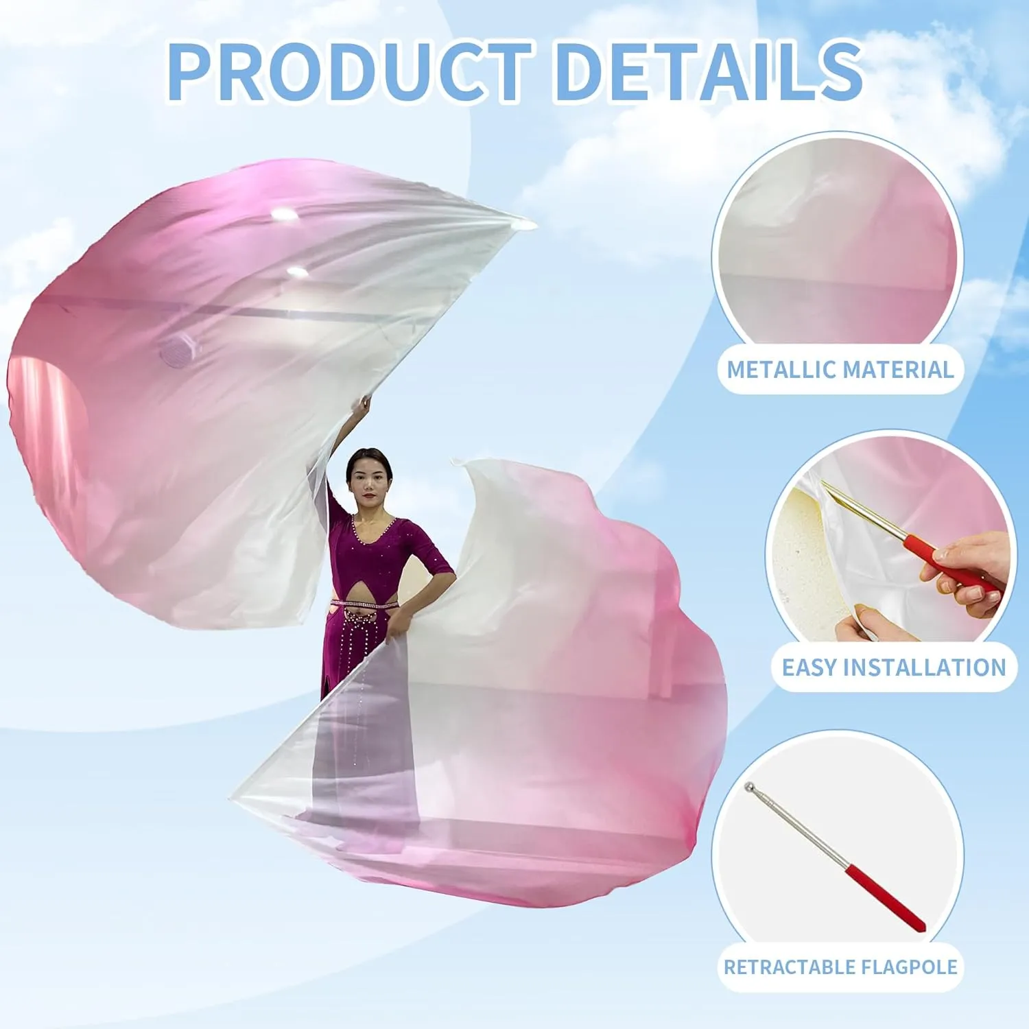 2pcs Dance Church Praise Dance Flags - Semicircle Angel Wing with Telescopic Rods - Worship Banner (White-Pink)