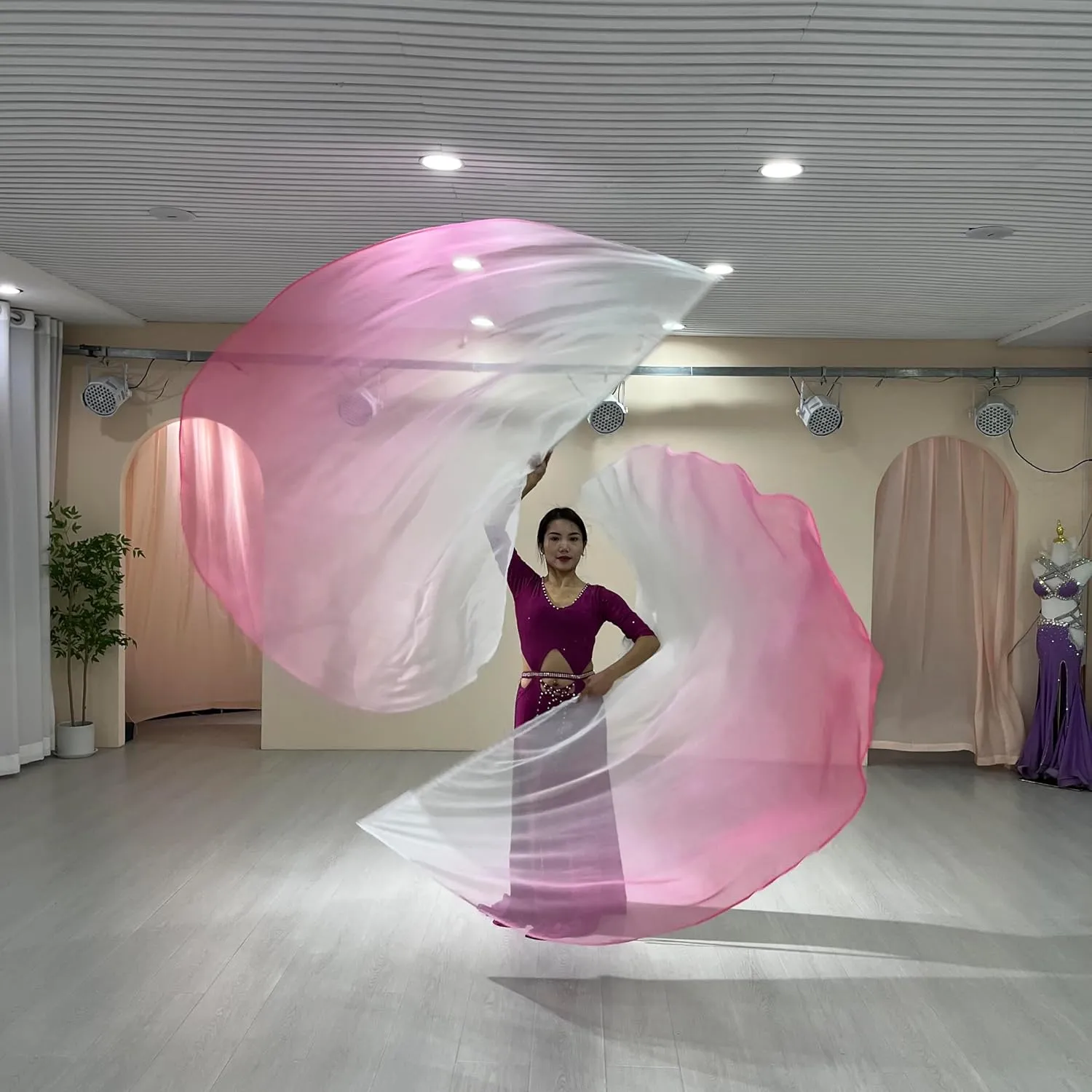 2pcs Dance Church Praise Dance Flags - Semicircle Angel Wing with Telescopic Rods - Worship Banner (White-Pink)