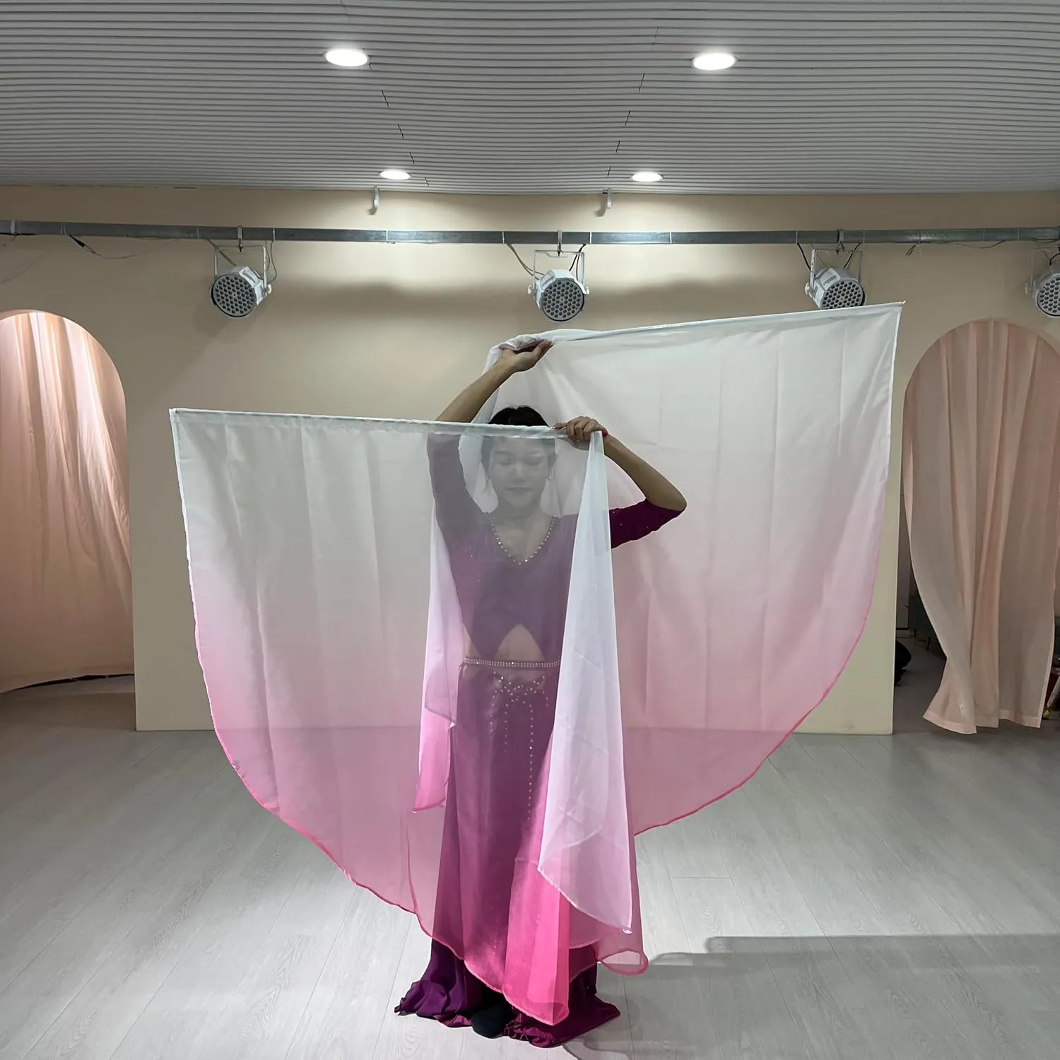 2pcs Dance Church Praise Dance Flags - Semicircle Angel Wing with Telescopic Rods - Worship Banner (White-Pink)
