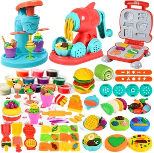 3 in 1 Color Dough Sets for Kids Ages 2-4-8, Dough Tools Accessories Kit, Ice Cream Playset Noodle Hamburger Maker, Pretend Play Kitchen Creations Food Toys Arts Crafts for Toddlers Girls Boys