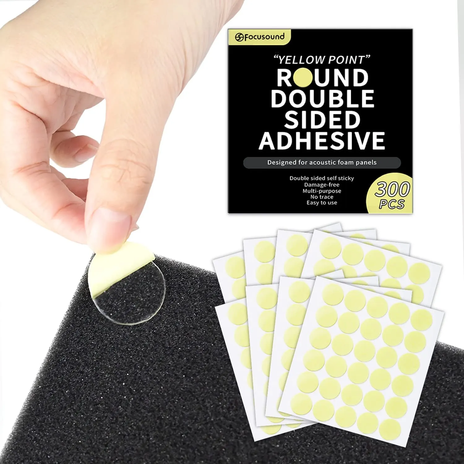 300 Pack Yellow Point Double-Sided Adhesive Dots for Acoustic Soundproofing Foam Panels