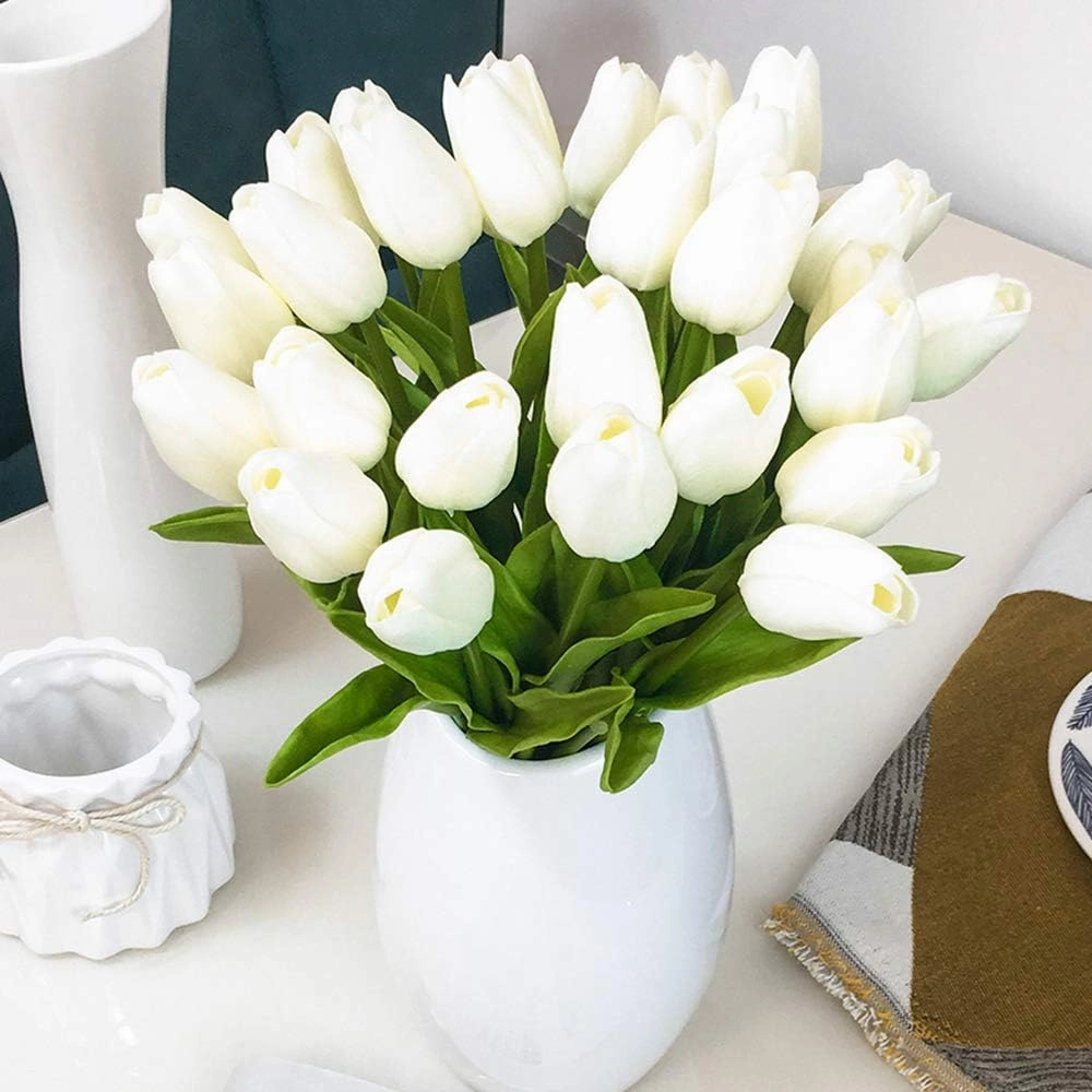 30pcs Artificial Tulips Flowers Real Touch Tulips Fake Holland PU Tulip Bouquet Latex Flower White Tulip for Wedding Party Office Home Kitchen Decoration (Pure White)