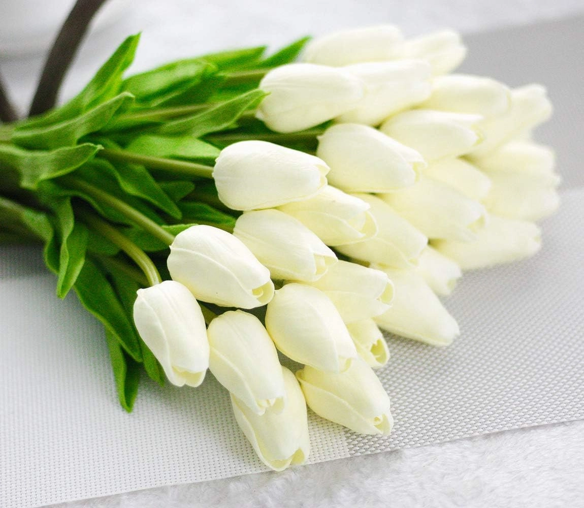 30pcs Artificial Tulips Flowers Real Touch Tulips Fake Holland PU Tulip Bouquet Latex Flower White Tulip for Wedding Party Office Home Kitchen Decoration (Pure White)