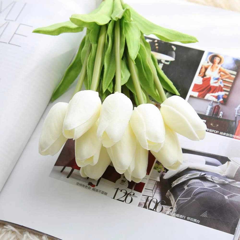 30pcs Artificial Tulips Flowers Real Touch Tulips Fake Holland PU Tulip Bouquet Latex Flower White Tulip for Wedding Party Office Home Kitchen Decoration (Pure White)