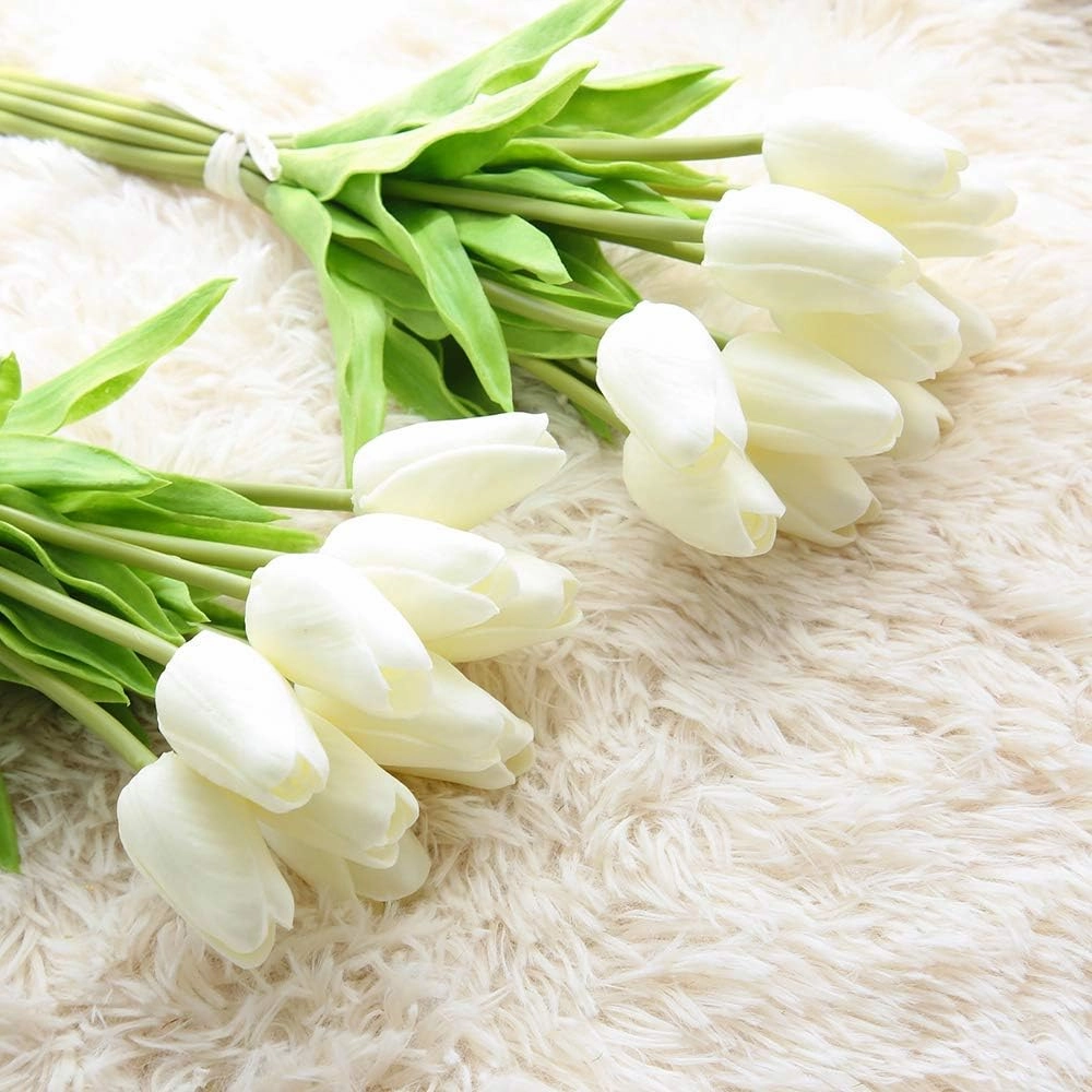 30pcs Artificial Tulips Flowers Real Touch Tulips Fake Holland PU Tulip Bouquet Latex Flower White Tulip for Wedding Party Office Home Kitchen Decoration (Pure White)