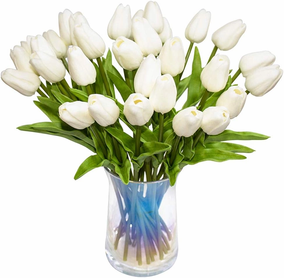 30pcs Artificial Tulips Flowers Real Touch Tulips Fake Holland PU Tulip Bouquet Latex Flower White Tulip for Wedding Party Office Home Kitchen Decoration (Pure White)