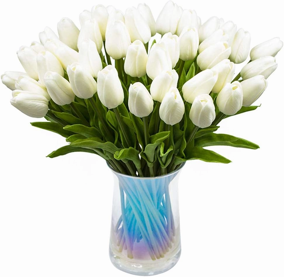 30pcs Artificial Tulips Flowers Real Touch Tulips Fake Holland PU Tulip Bouquet Latex Flower White Tulip for Wedding Party Office Home Kitchen Decoration (Pure White)