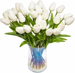 30pcs Artificial Tulips Flowers Real Touch Tulips Fake Holland PU Tulip Bouquet Latex Flower White Tulip for Wedding Party Office Home Kitchen Decoration (Pure White)