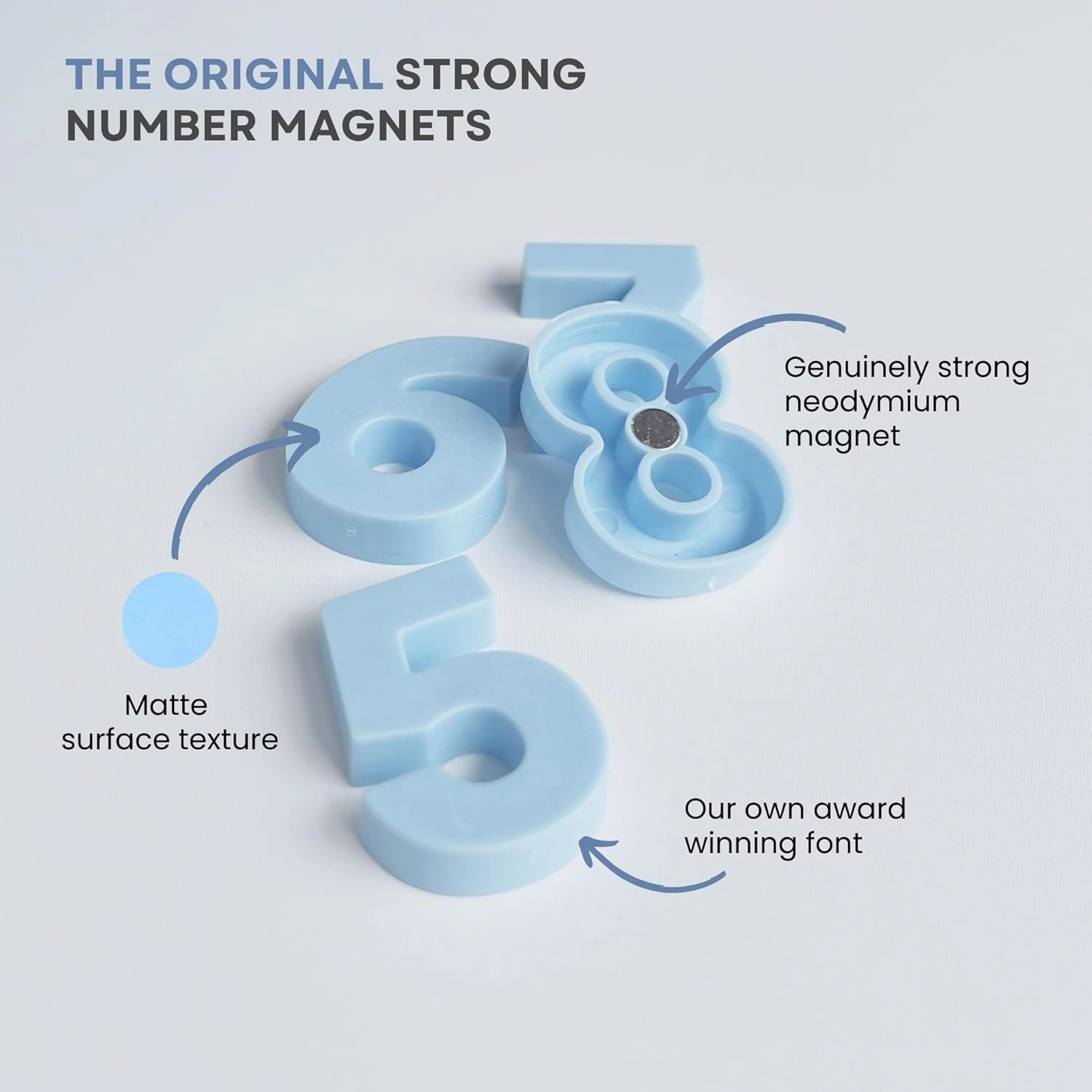 30pcs Magnetic Numbers - Strong Neodymium Magnetic Numbers for Fridge - Award Winning Typeface, Eco-Friendly, Matt Finish for Homes & Offices (Sky)
