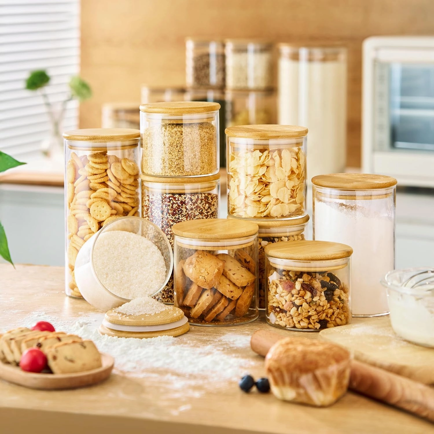 32oz & 21oz - 4 Pack Glass Jars with Bamboo Lids, Glass Pantry Storage Containers with Airtight Lids, Round Air Tigh Food Storage Canisters for Cereal, Pasta, Flour, Sugar, Best for Kitchen Organizer