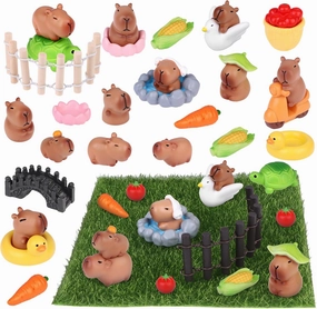 37Pcs Mini Capybara Figures Playset Simulation Capybara Model Miniature Garden Accessories Wood Mini Fences Ornament Cake Topper for Fairy Garden Micro Landscape Decor