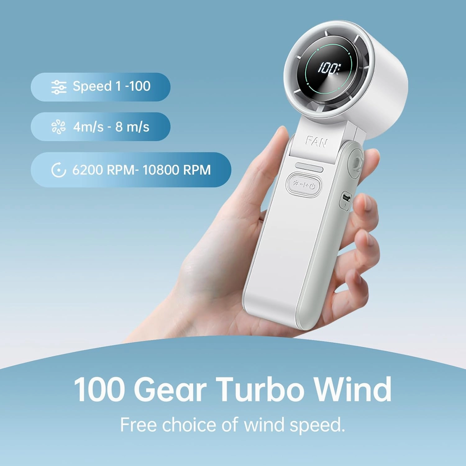 3-in-1 Portable Handheld Turbo Fan-100 Speeds, 10800 RPM, 12Hrs Cooling, Digital Display, 120° Rotation, USB Rechargeable Mini Hand Held Personal Fan for Travel, Makeup, Outdoor, Indoor (White)