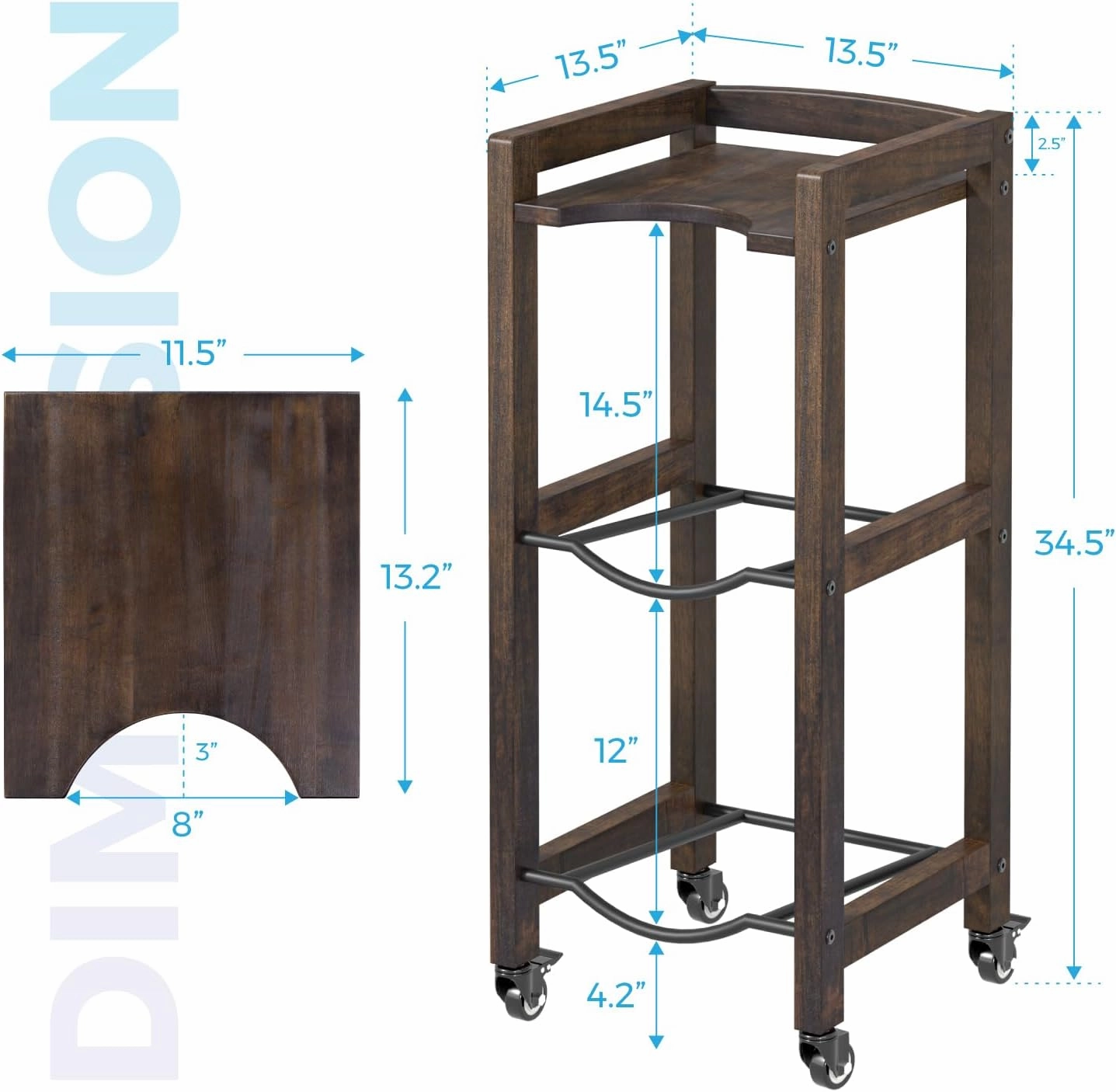 3-Tier 5 Gallon Water Jug Holder with Top Shelf – 4 Metal Wheels or Adjustable Feet – Natural Hardwood Water Dispenser Floor Stand – Wooden Organizer for Kitchen, Office, Garage – Space-Saving Design