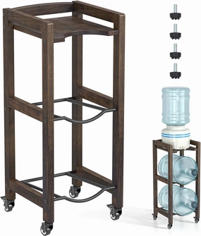 3-Tier 5 Gallon Water Jug Holder with Top Shelf – 4 Metal Wheels or Adjustable Feet – Natural Hardwood Water Dispenser Floor Stand – Wooden Organizer for Kitchen, Office, Garage – Space-Saving Design